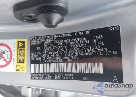 2014 Toyota Highlander Xle V6 z USA, uszkodzony, nr VIN 5TDJKRFH9ES005220